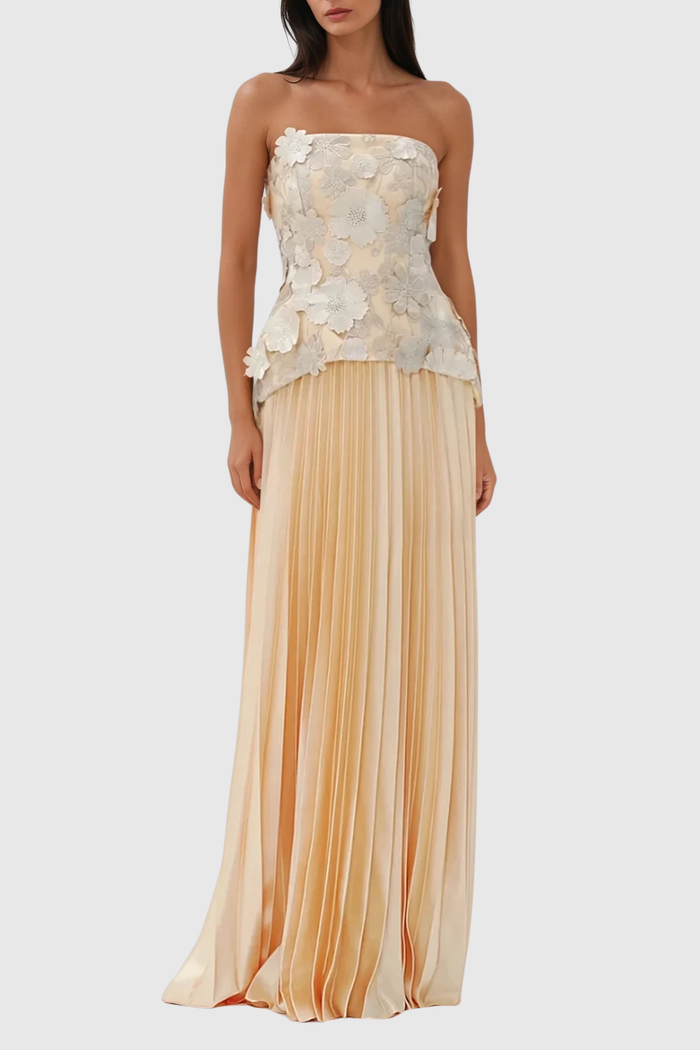 Blerta Strapless Flower Pleated Skirt Set