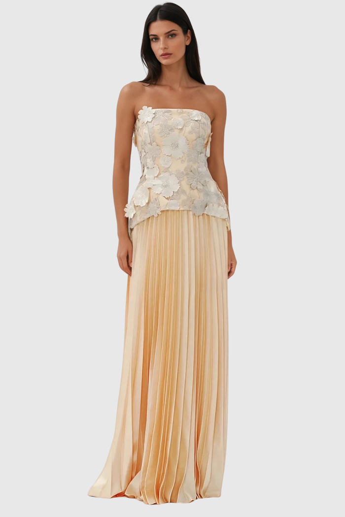 Blerta Strapless Flower Pleated Skirt Set