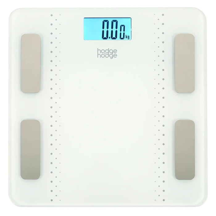 Top view of hodge and hodge White bathroom scales with blue backlit LCD display, 4 silver sensors on a glass platform