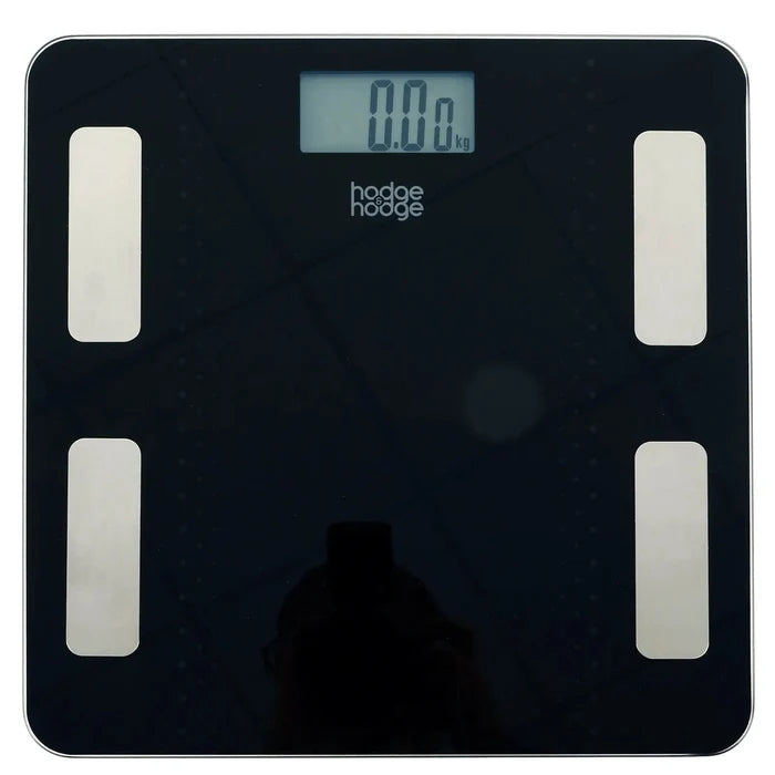 Top view of hodge and hodge black bathroom scales with blue backlit LCD display, 4 silver sensors on a glass platform