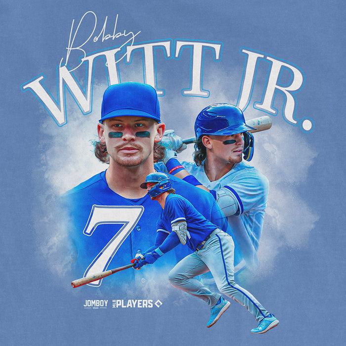 Comfort Colors tee featuring Bobby Witt Jr. signature, with images of him in baseball action and team gear on a blue background.