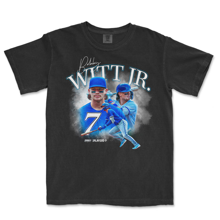 Black Comfort Colors T-shirt featuring Bobby Witt Jr. with images of him playing baseball, his signature, and team graphics.