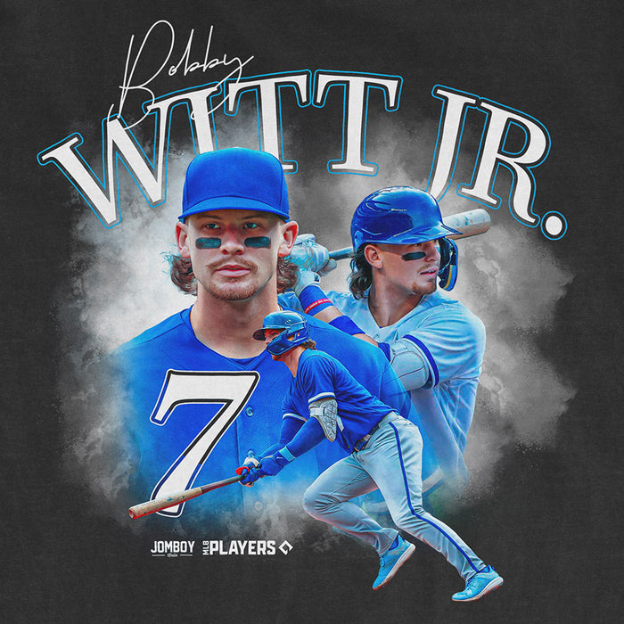 Comfort Colors tee featuring Bobby Witt Jr. with images of him batting and in a portrait, with "WITT JR." text and signature.