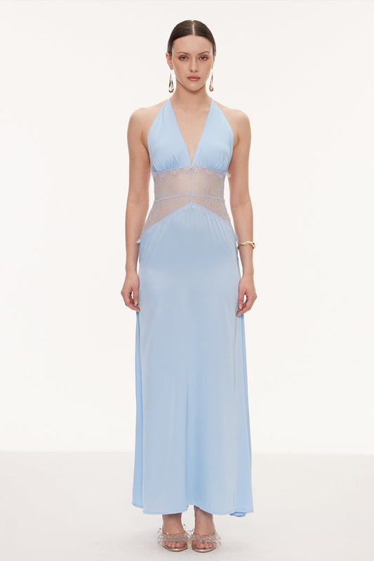 Bowie Lace Plunge Backless Maxi Dress In Blue