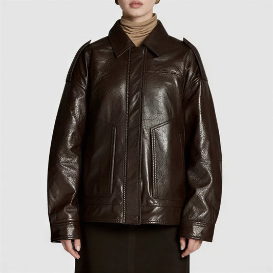 Brown Vintage Leather Bomber Jacket For Women