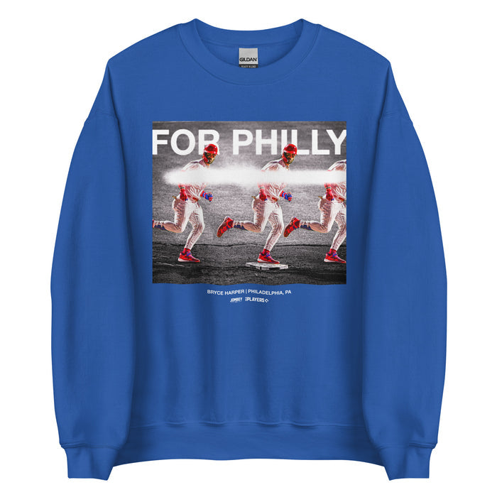 Blue crewneck sweatshirt featuring a graphic of Bryce Harper running, with "FOR PHILLY" text and details about the player.