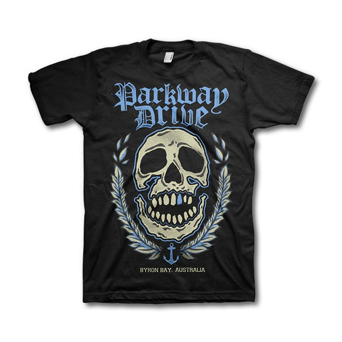 Parkway Drive black t-shirt featuring Parkway Drive text above a large skull graphic with laurel branches, and Byron Bay, Australia at the bottom.