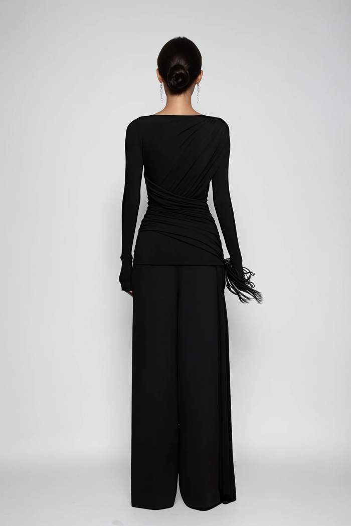 Cabdirashiid Ruch Asymmetric Fringe Pants Set In Black