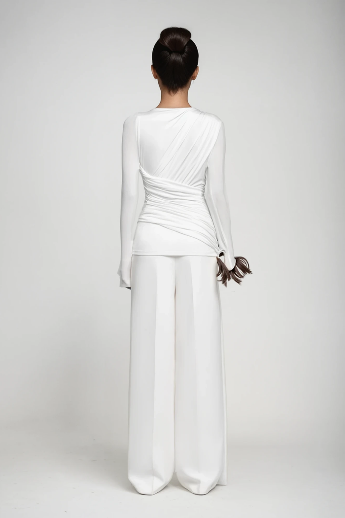 Cabdirashiid Ruch Asymmetric Fringe Pants Set In White