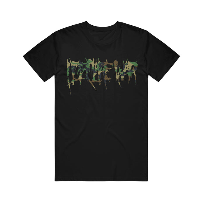 An I Declare War black short-sleeve t-shirt with a jagged, abstract camo logo in green and brown camouflage across the chest.