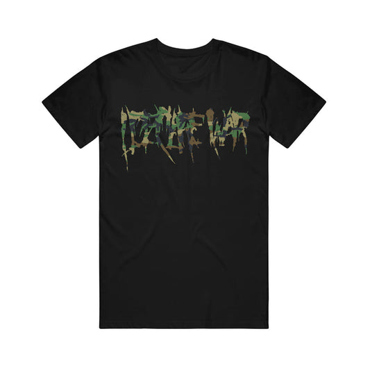 An I Declare War black short-sleeve t-shirt with a jagged, abstract camo logo in green and brown camouflage across the chest.