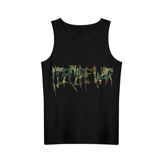 A black tank top by I Declare War featuring a bold camo logo across the chest with jagged, abstract lettering.