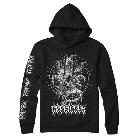 Stay Sick Clothing black hoodie with a detailed white demonic multi-armed figure and serpents graphic on the chest, radiating lines, sleeve designs, and text near the hem.