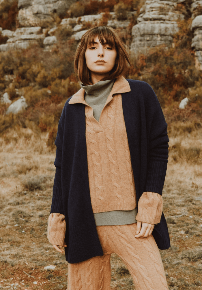 ZAYA 8 Cardigan ceinturé en cachemire 8 fils bleu marine