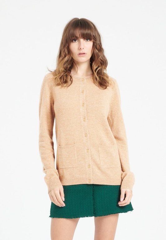 LILLY 4 Cardigan col rond en cachemire cintré camel clair