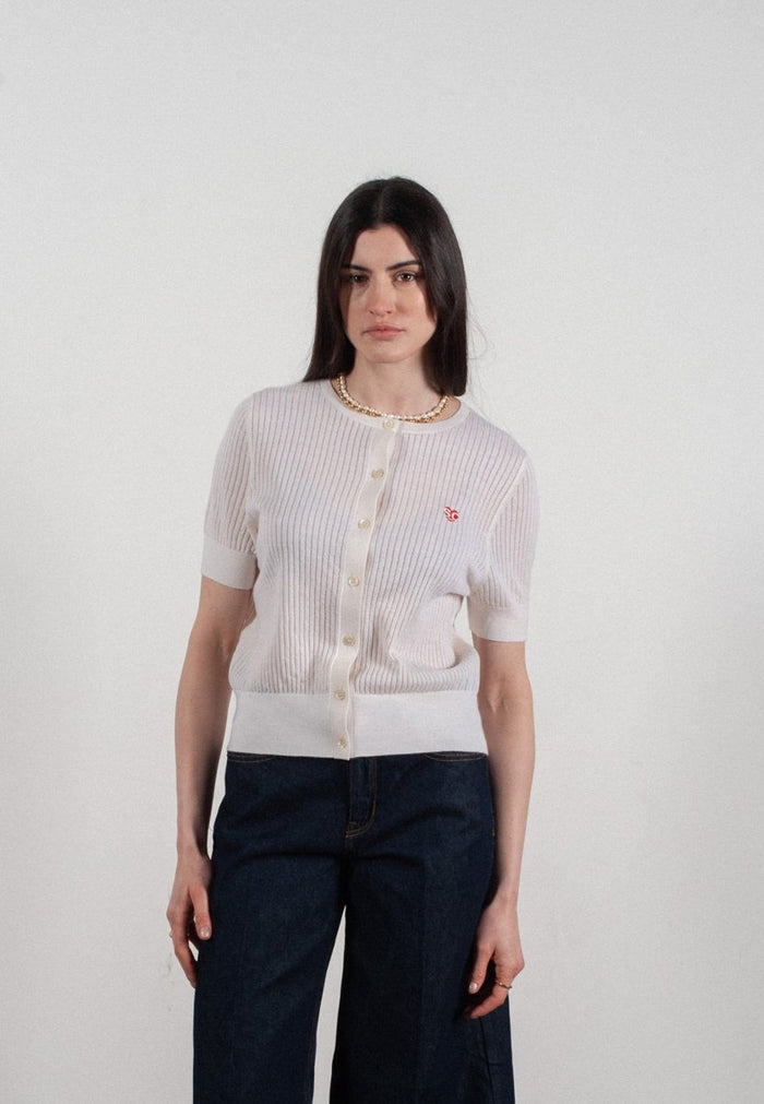 Cardigan col rond manches courtes femme en cachemire et laine ajouré ultrafin blanc - FRIDA 6