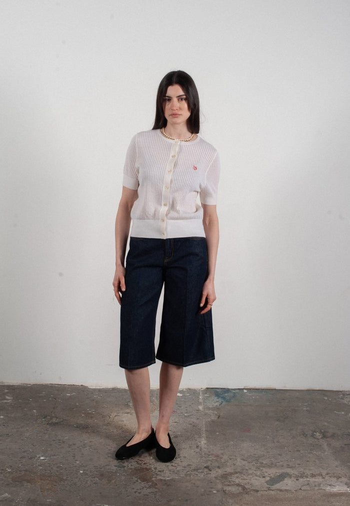 Cardigan col rond manches courtes femme en cachemire et laine ajouré ultrafin blanc - FRIDA 6