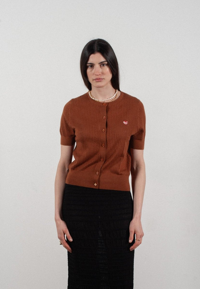 Cardigan col rond manches courtes femme en cachemire et laine ajouré ultrafin marron clair - FRIDA 6