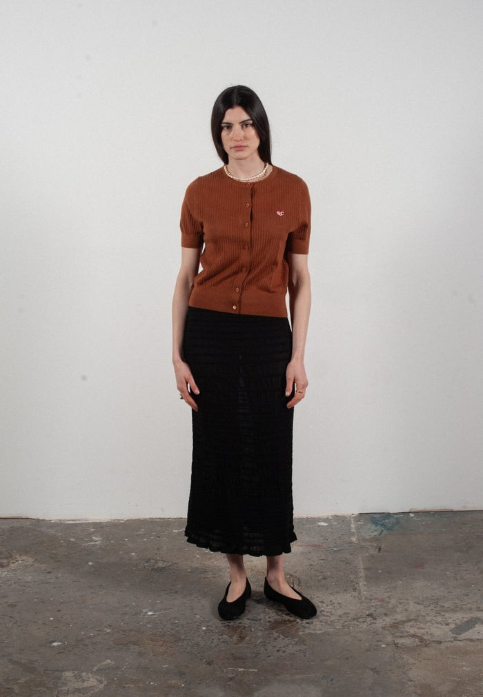 Cardigan col rond manches courtes femme en cachemire et laine ajouré ultrafin marron clair - FRIDA 6