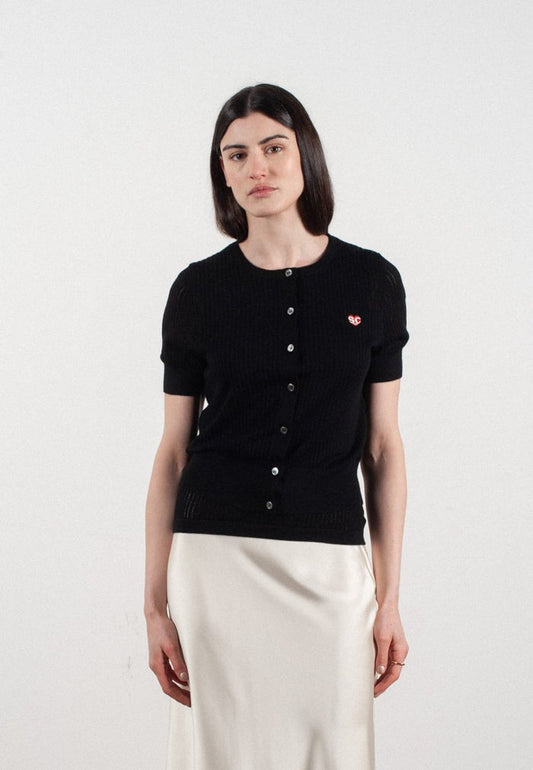 Cardigan col rond manches courtes femme en cachemire et laine ajouré ultrafin noir - FRIDA 6