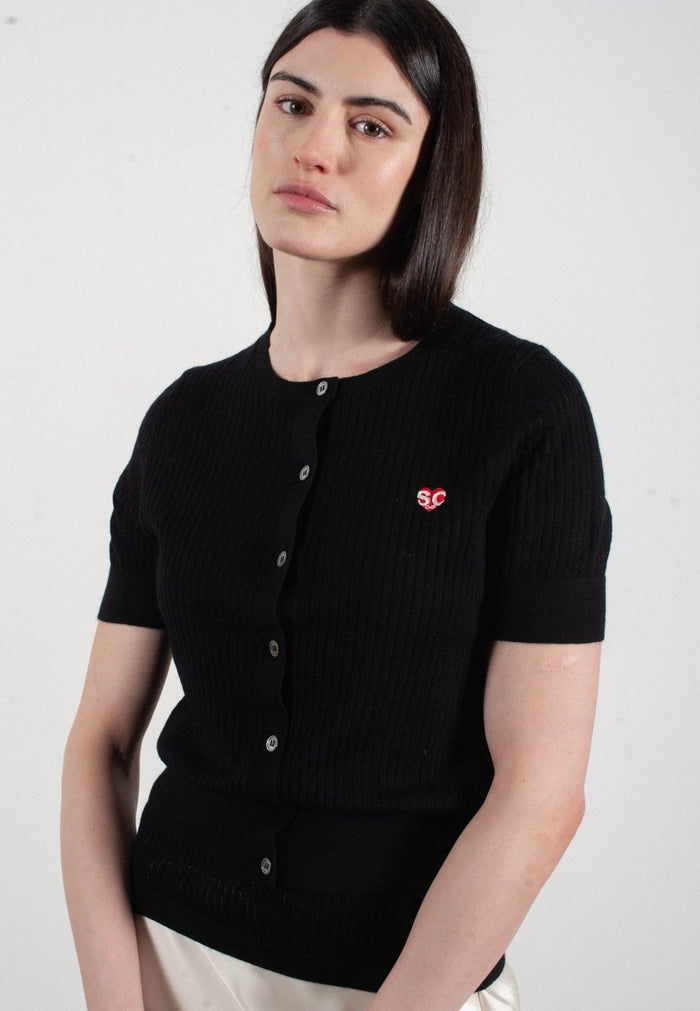 Cardigan col rond manches courtes femme en cachemire et laine ajouré ultrafin noir - FRIDA 6