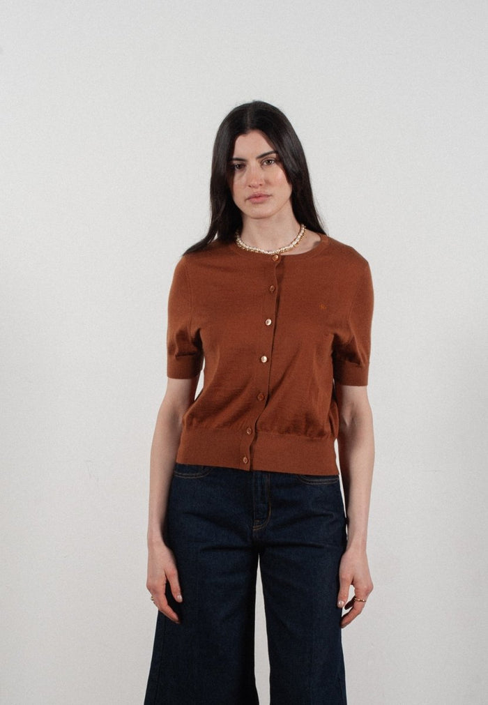 Cardigan col rond manches courtes femme en cachemire et laine ultrafin marron clair - FRIDA 5