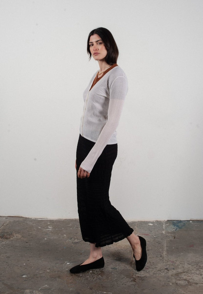 Cardigan col V femme en cachemire et laine ajouré ultrafin blanc - FRIDA 3