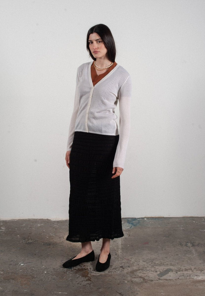 Cardigan col V femme en cachemire et laine ajouré ultrafin blanc - FRIDA 3