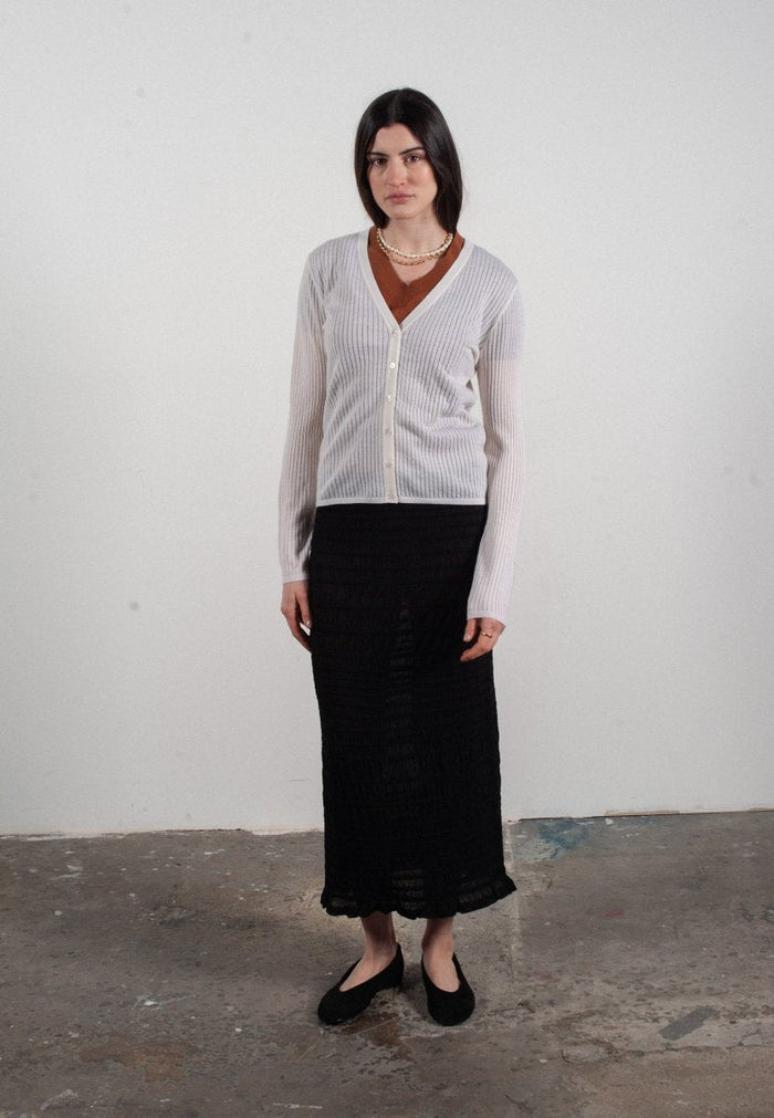 Cardigan col V femme en cachemire et laine ajouré ultrafin blanc - FRIDA 3