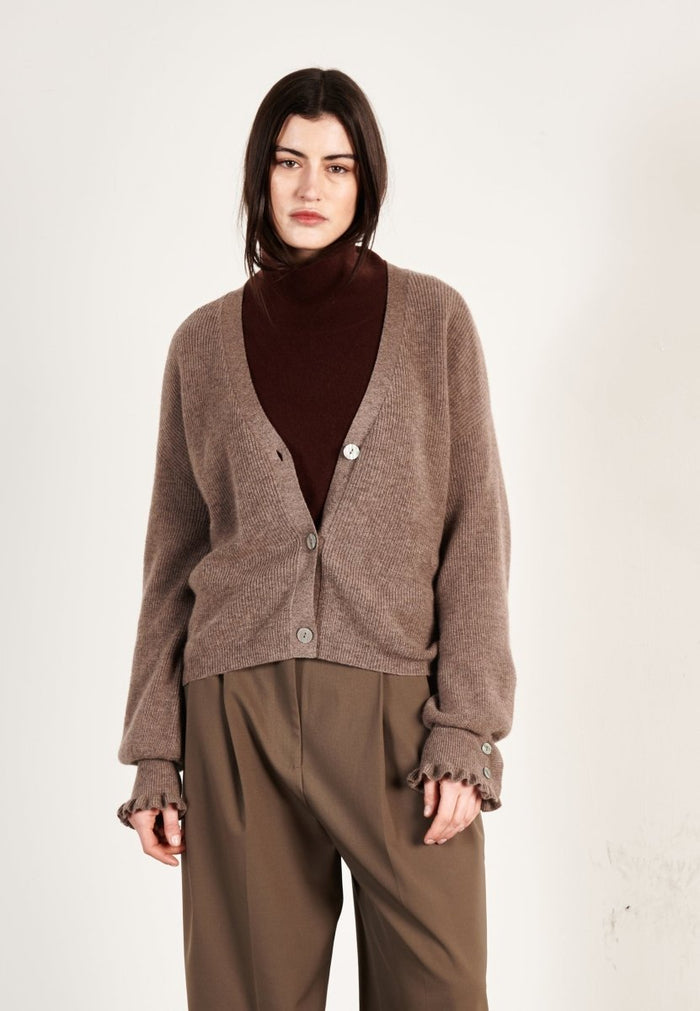 Cardigan cachemire et laine marron clair femme - KELLY 28