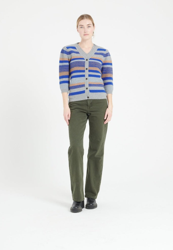 MIA 11 Cardigan col V en cachemire rayé à manches bouffantes 6 fils multi couleur