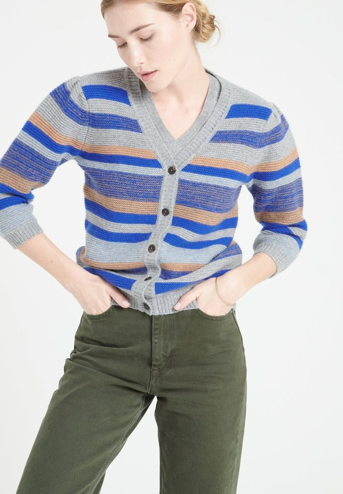 MIA 11 Cardigan col V en cachemire rayé à manches bouffantes 6 fils multi couleur