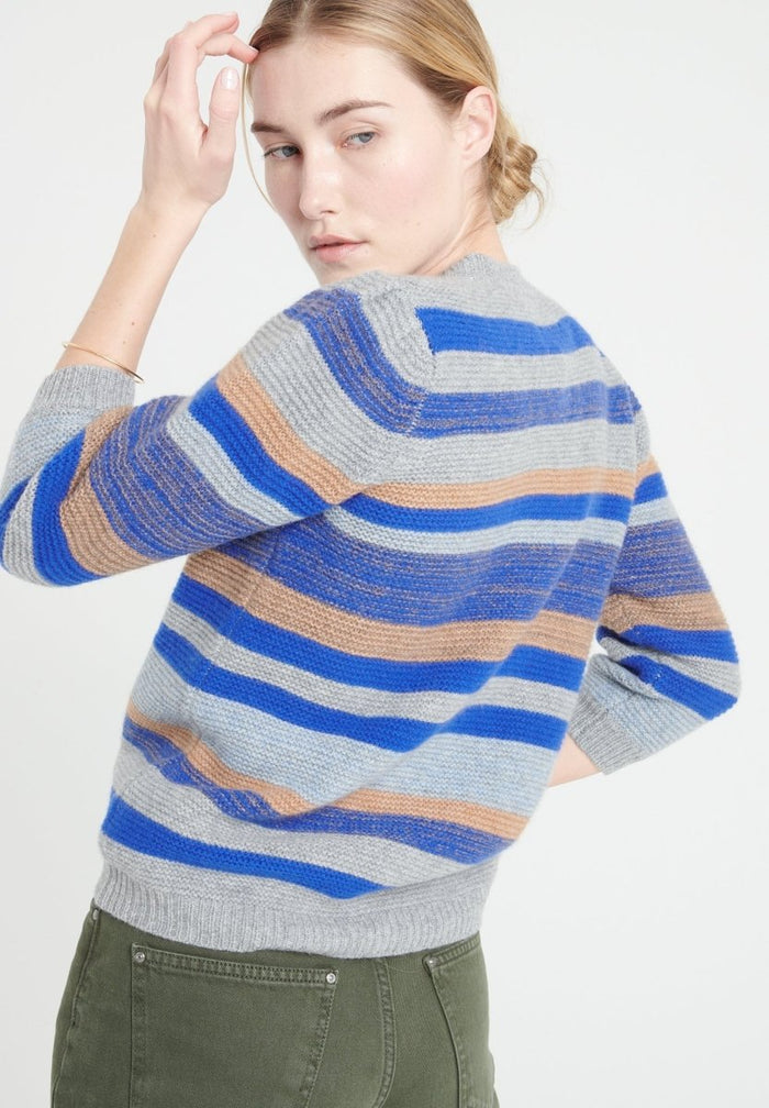 MIA 11 Cardigan col V en cachemire rayé à manches bouffantes 6 fils multi couleur