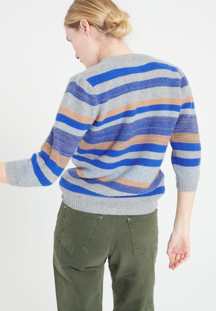 MIA 11 Cardigan col V en cachemire rayé à manches bouffantes 6 fils multi couleur