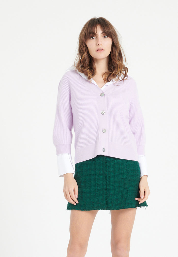 Cardigan col V manches courtes femme en cachemire lilas - MIA 13