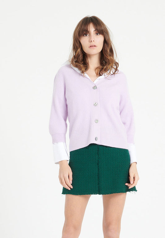 Cardigan col V manches courtes femme en cachemire lilas - MIA 13
