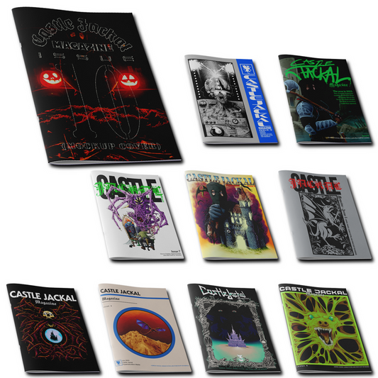 Ten vibrant Castle Jackal magazine covers are displayed in two rows, featuring bold graphics and surreal, fantasy themes. The set includes Issues #7-9 and Castle Journal Magazine, resembling a comic book bundle.