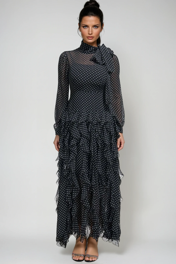 Catriona Dot Bow Ruffle Maxi Dress In Black