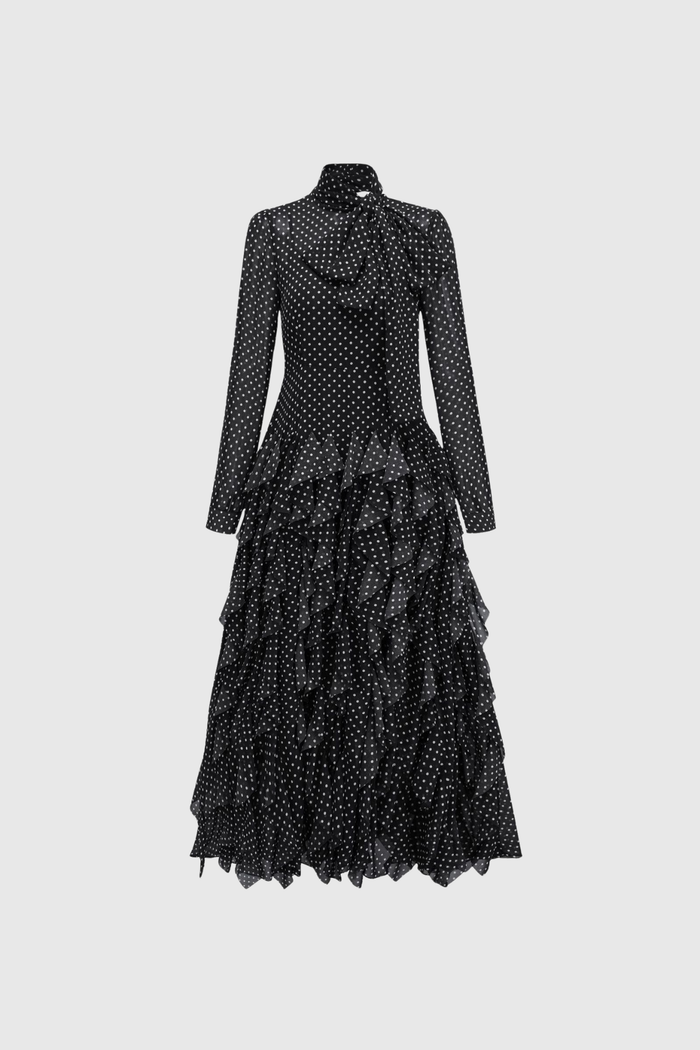 Catriona Dot Bow Ruffle Maxi Dress In Black