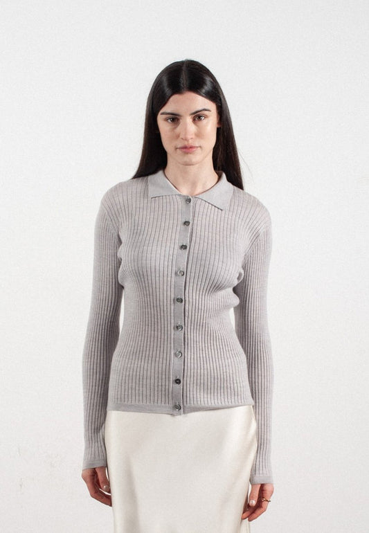 Chemise col polo manches longues en cachemire et laine ultrafin gris clair - FRIDA 4