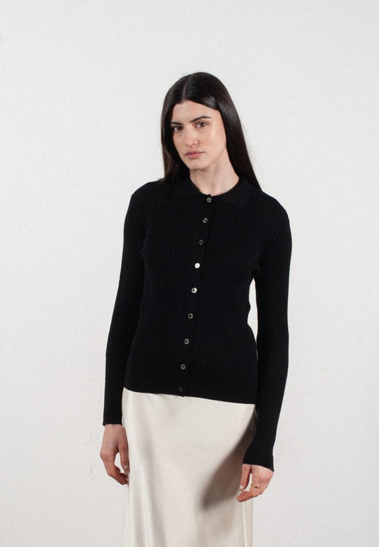 Chemise col polo manches longues en cachemire et laine ultrafin noir - FRIDA 4