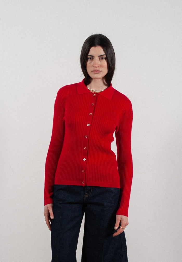 Chemise col polo manches longues en cachemire et laine ultrafin rouge - FRIDA 4
