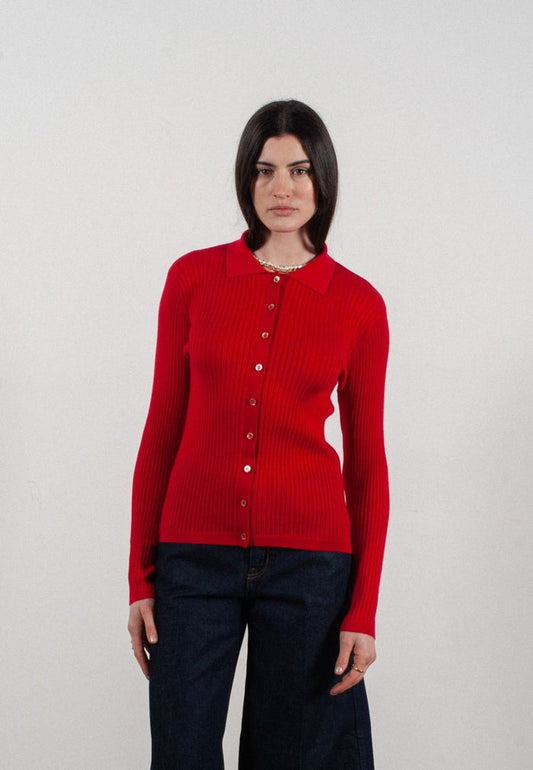 Chemise col polo manches longues en cachemire et laine ultrafin rouge - FRIDA 4