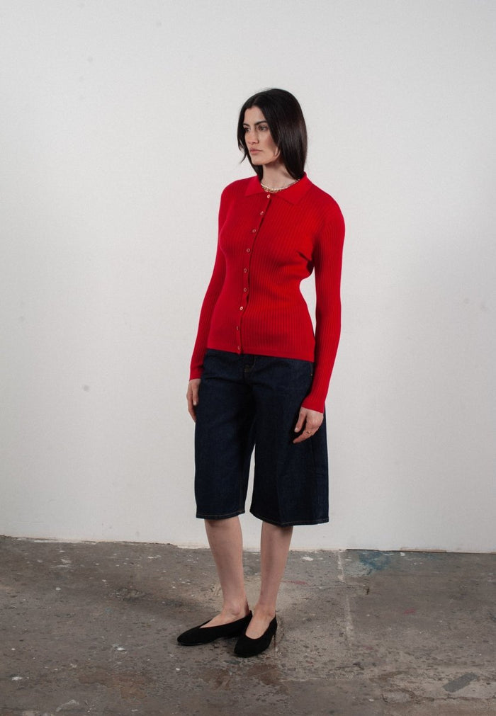 Chemise col polo manches longues en cachemire et laine ultrafin rouge - FRIDA 4