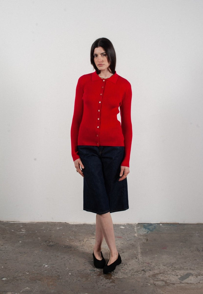 Chemise col polo manches longues en cachemire et laine ultrafin rouge - FRIDA 4