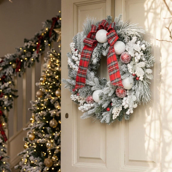 Christmas Wreath Red White Baubles Berries Tartan Snow 60cm
