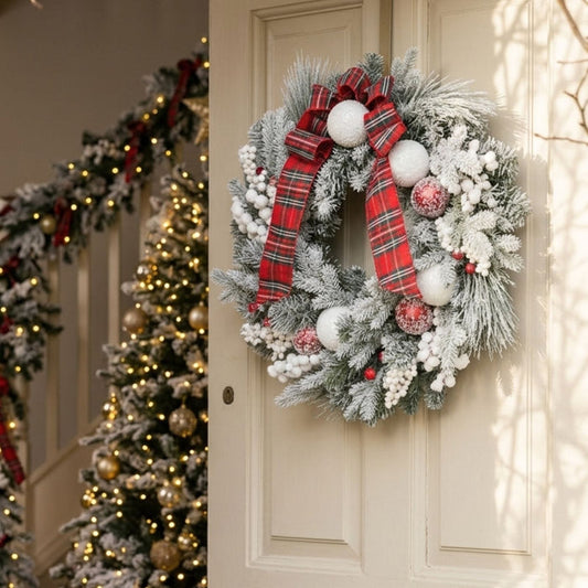 Christmas Wreath Red White Baubles Berries Tartan Snow 60cm
