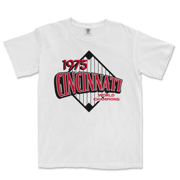 White Comfort Colors tee featuring a Cincinnati 1975 World Champions graphic with a bridge illustration.