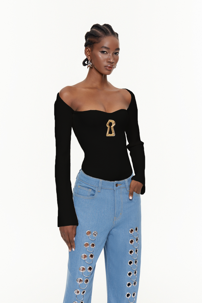 Cindi Long Sleeve Bodycon Knit Top In Black