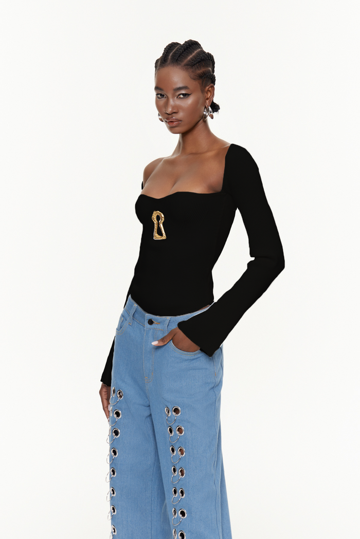 Cindi Long Sleeve Bodycon Knit Top In Black